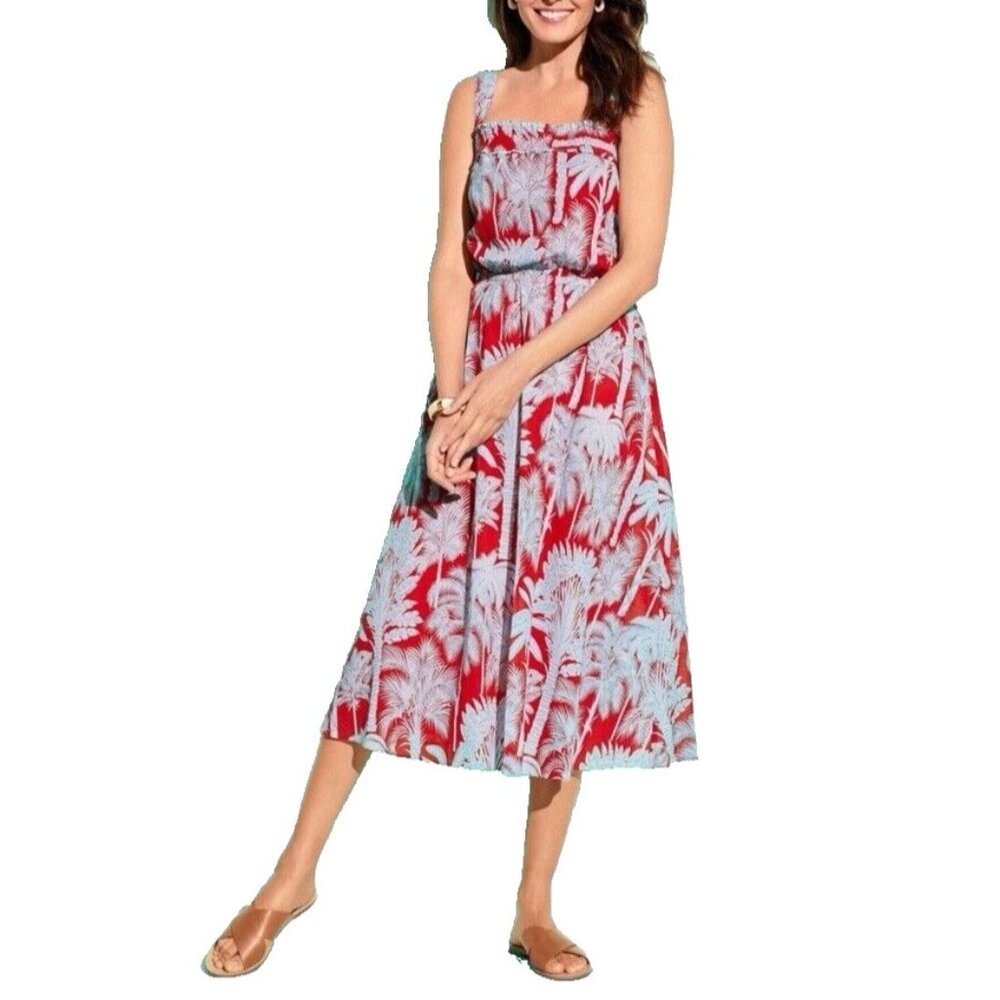 Talbots Smocked Midi Dress 16 Red Blue Pink Palms All Cotton Washable Summer